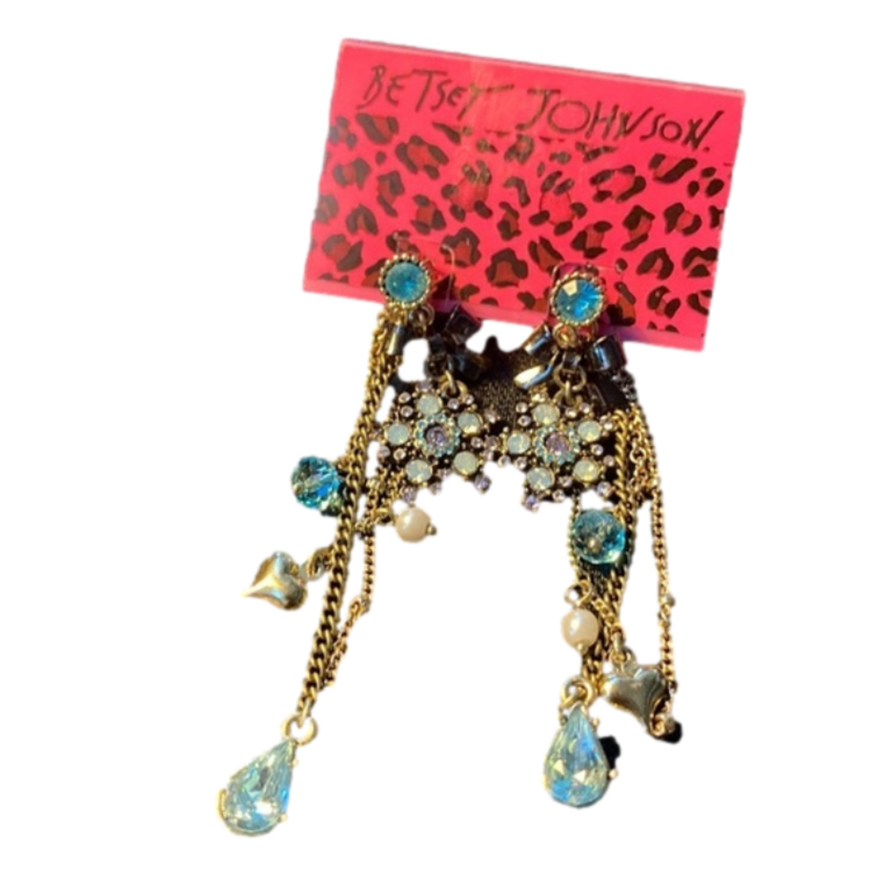 Betsey Johnson, two and one earrings with snowflakes hearts and blue teardrop